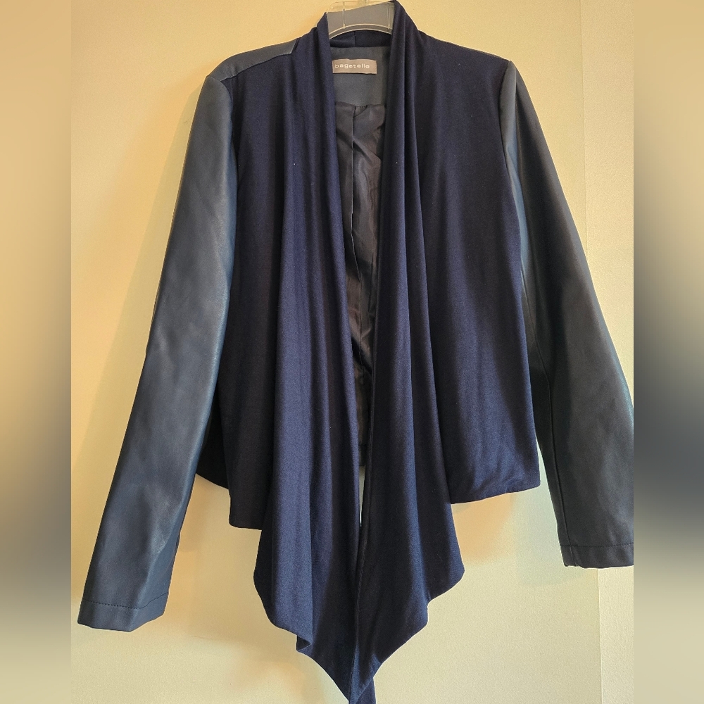 Bagatelle Navy Draped Women's Blazer Leather-look sleeve and on the back